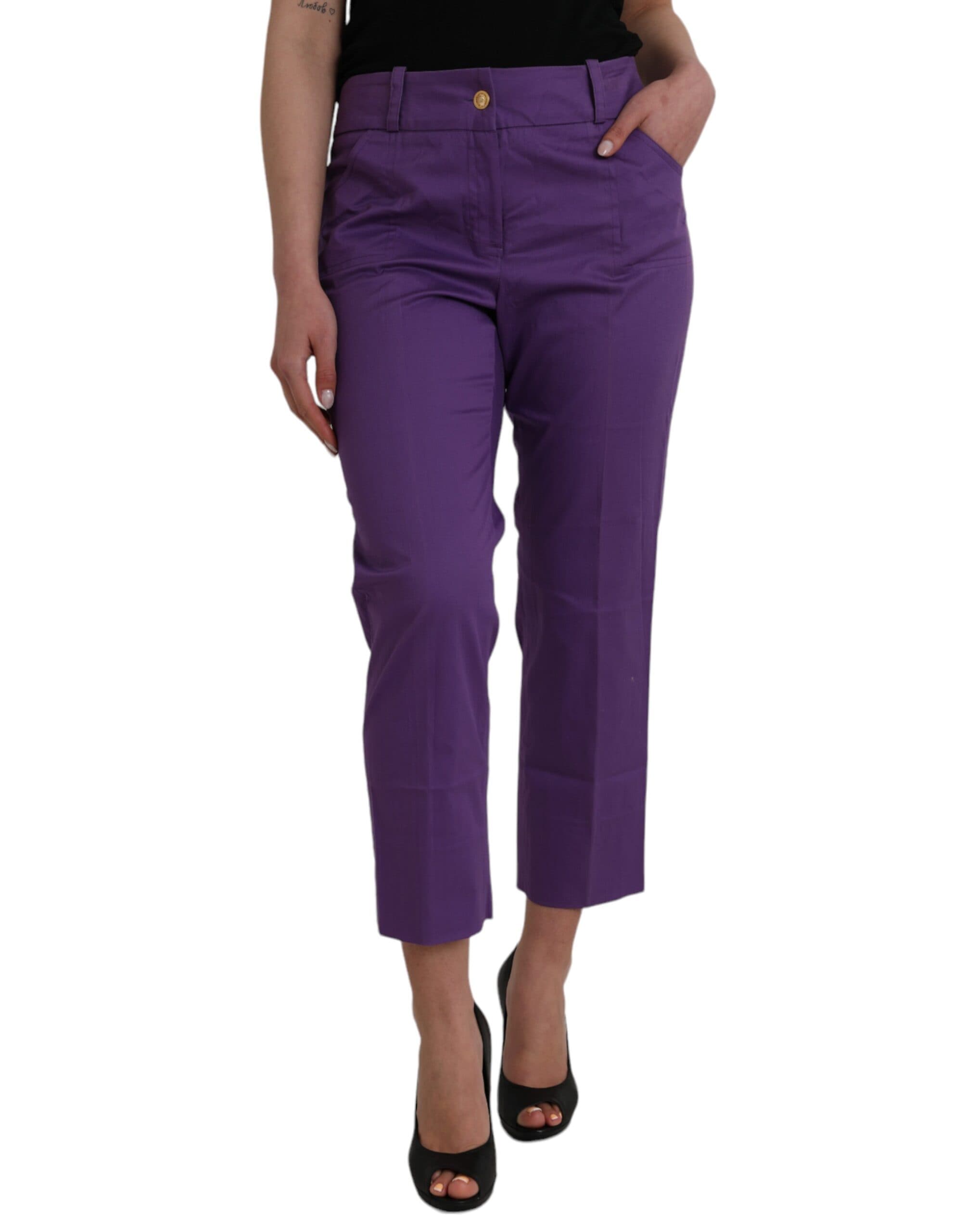 Purple Cotton Mid Waist Straight Cropped Pants