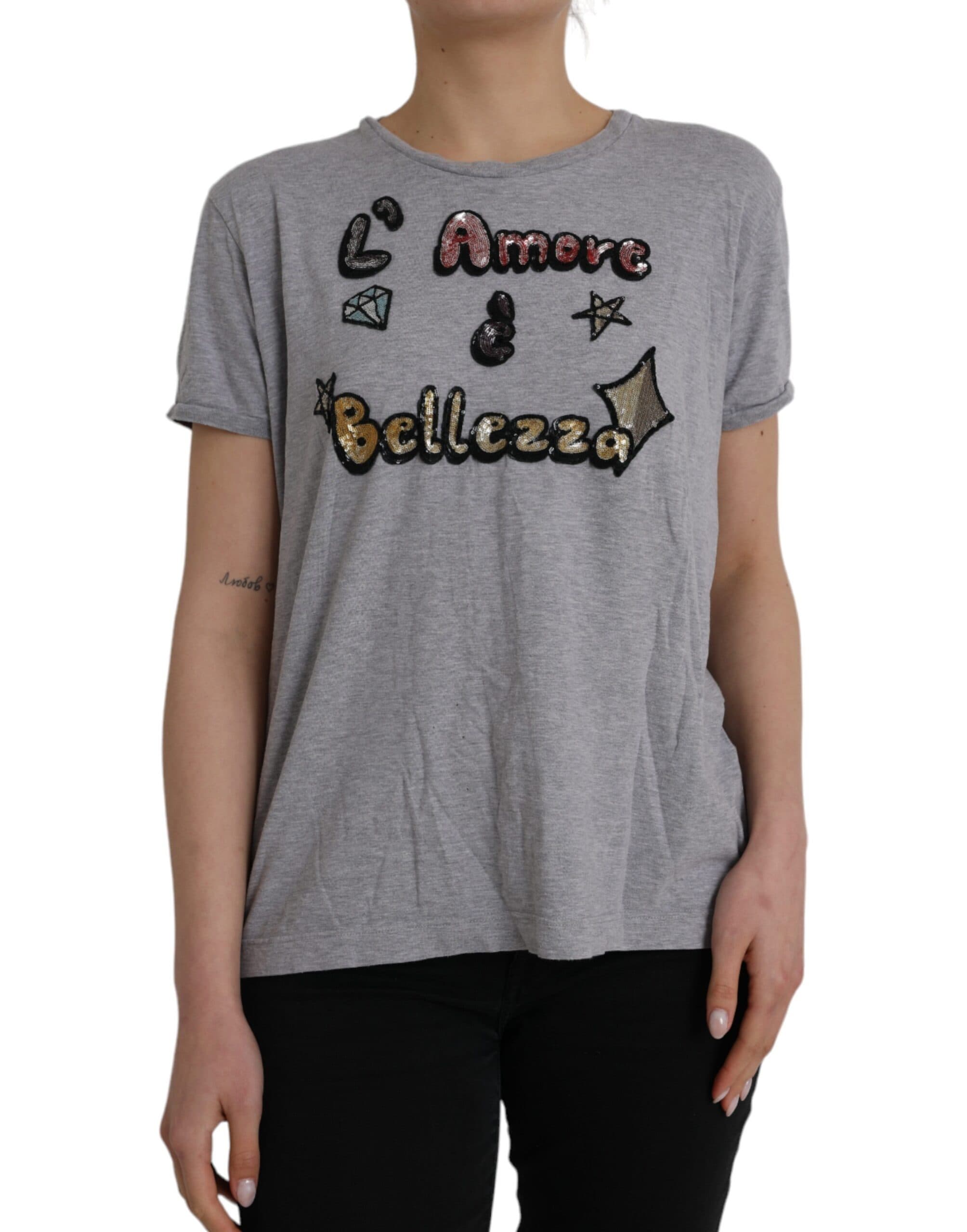 Dolce & Gabbana Gray Cotton L'Amore E'Bellezza Top Women's T-shirt (Pre-Owned)