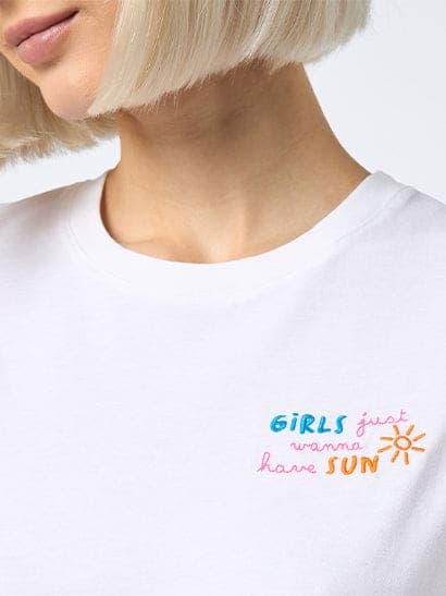 Cotton Jersey Crewneck T-shirt Emilie With Girls Just Wanna Have Sun Embroidery