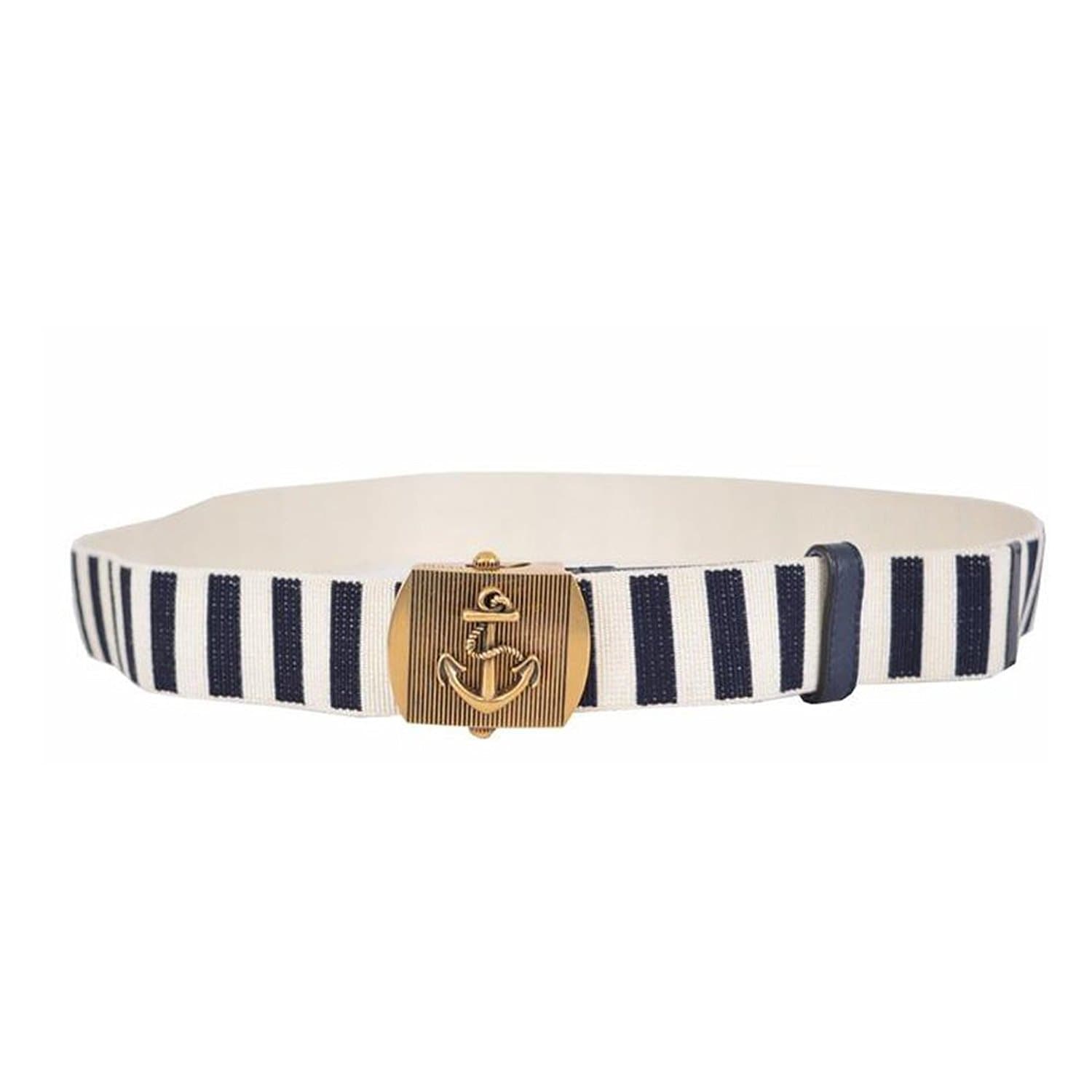 Navy / White Fabric Brass Anchor Buckle Striped Belt