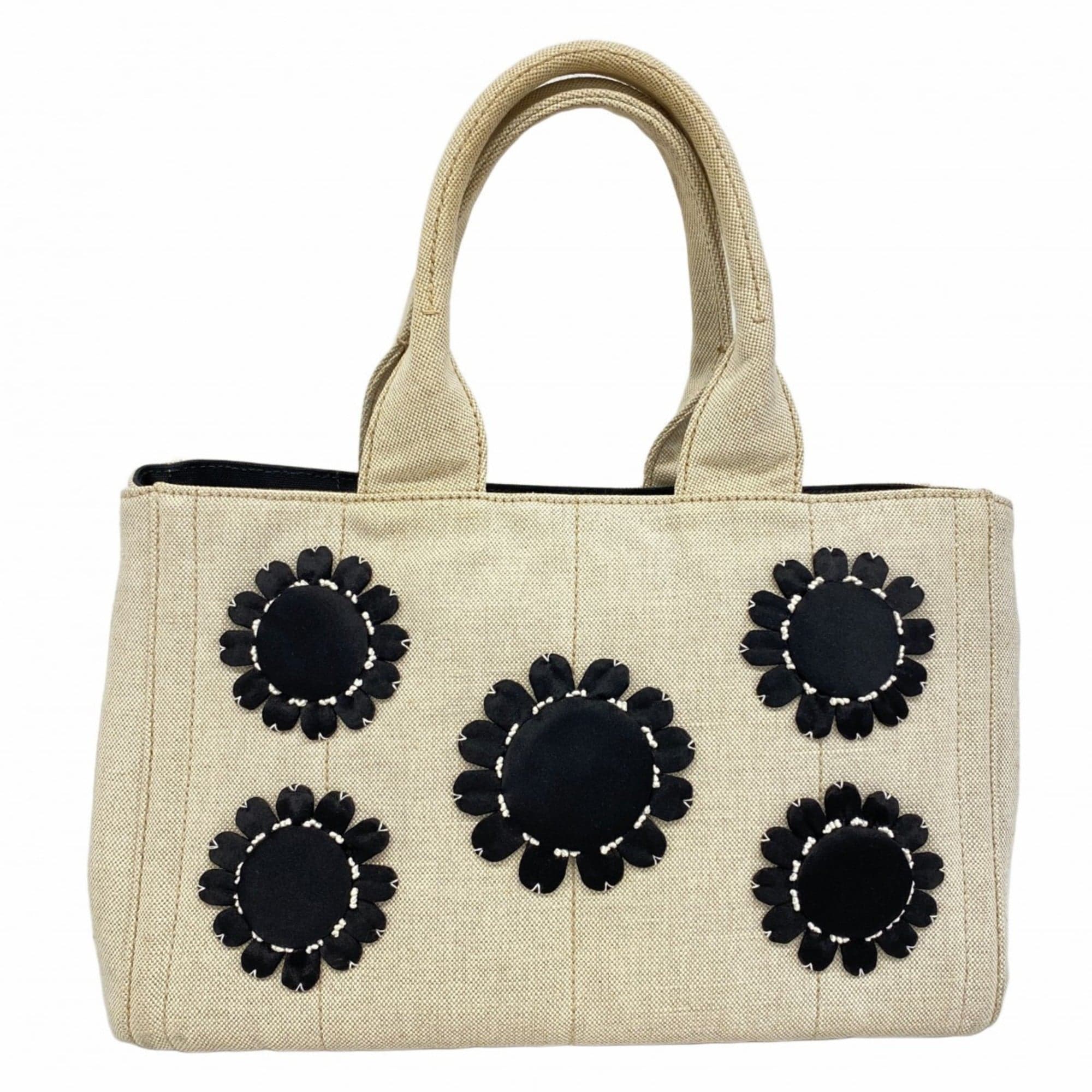 Beige Black Canvas Satin Tote Bag