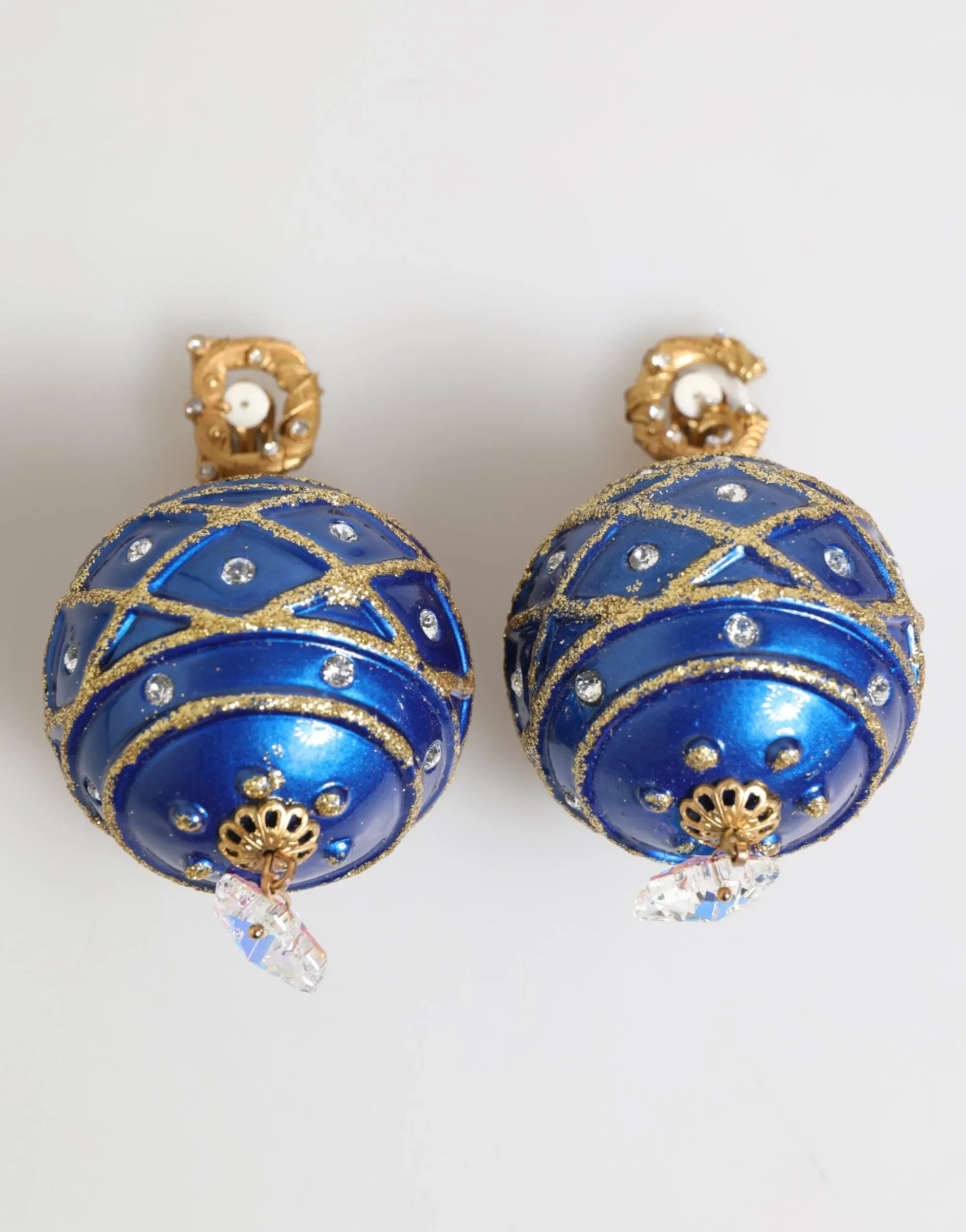 Brass Blue Christmas Ball Crystal Drop Clip On Earrings