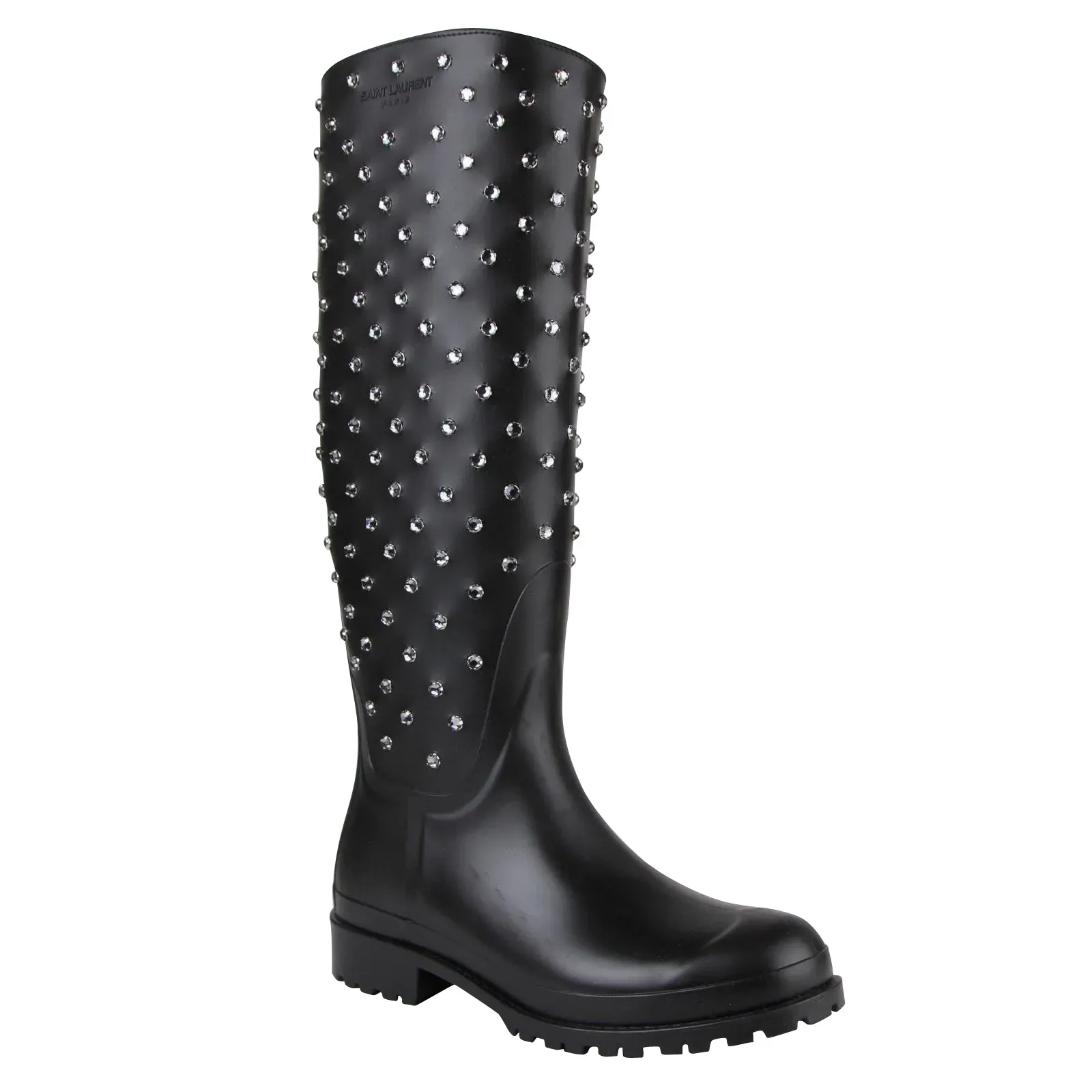 Black Rubber Women Rain Boots With Crystal Studs