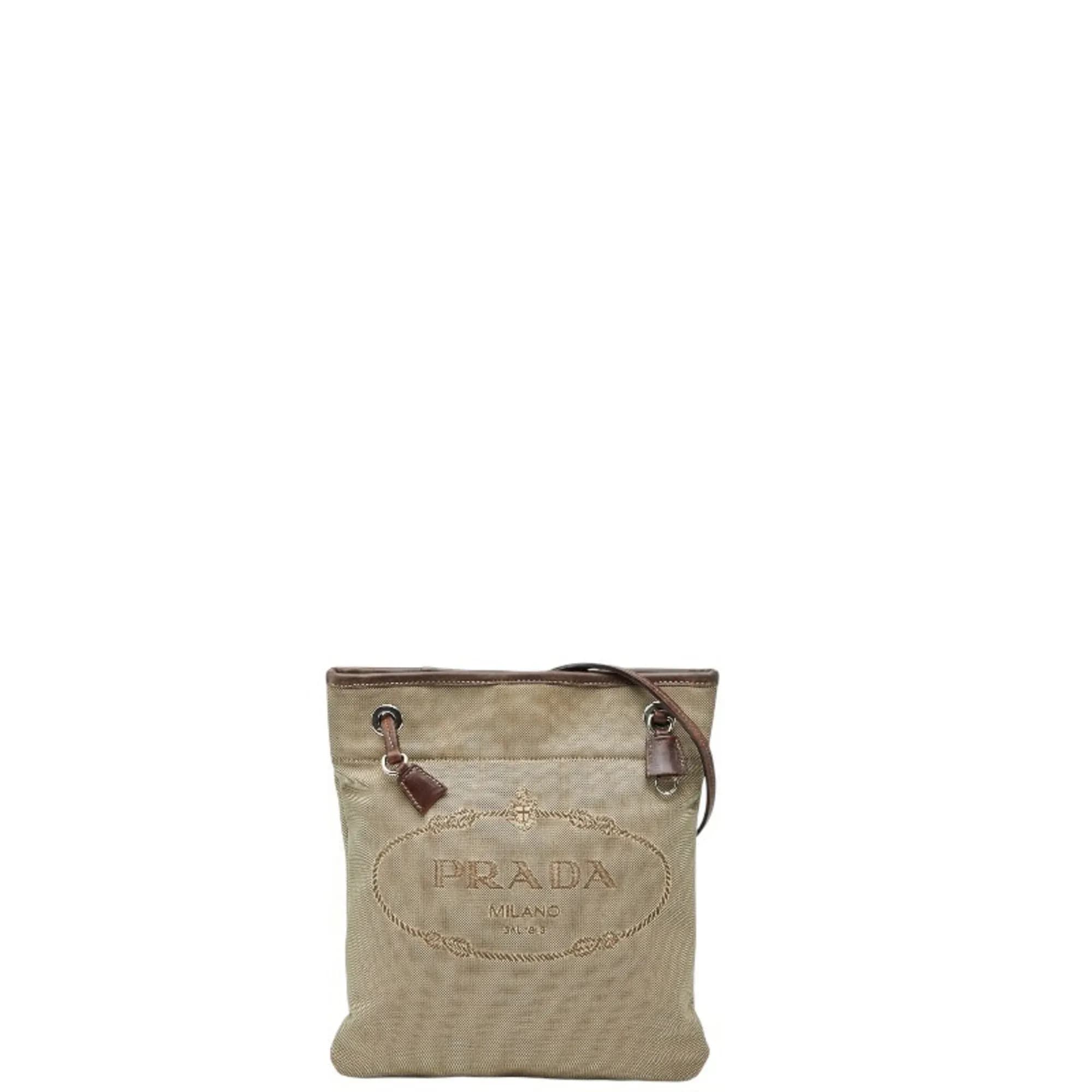 Beige Brown Canvas Leather Shoulder Bag