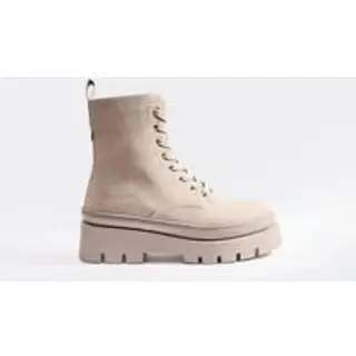 Rumie Lace Up Chunky Sole Ankle Biker Boot In Grey Faux Suede, Women'S Size US 5