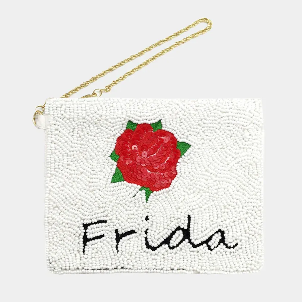 Beaded Rose Flower Mini Pouch Bag