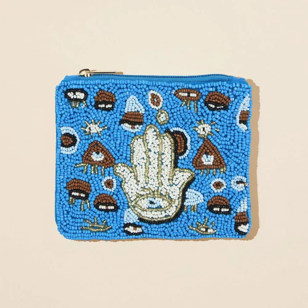 Evil Eye Hamsa Hand Seed Beaded Mini Pouch Bag